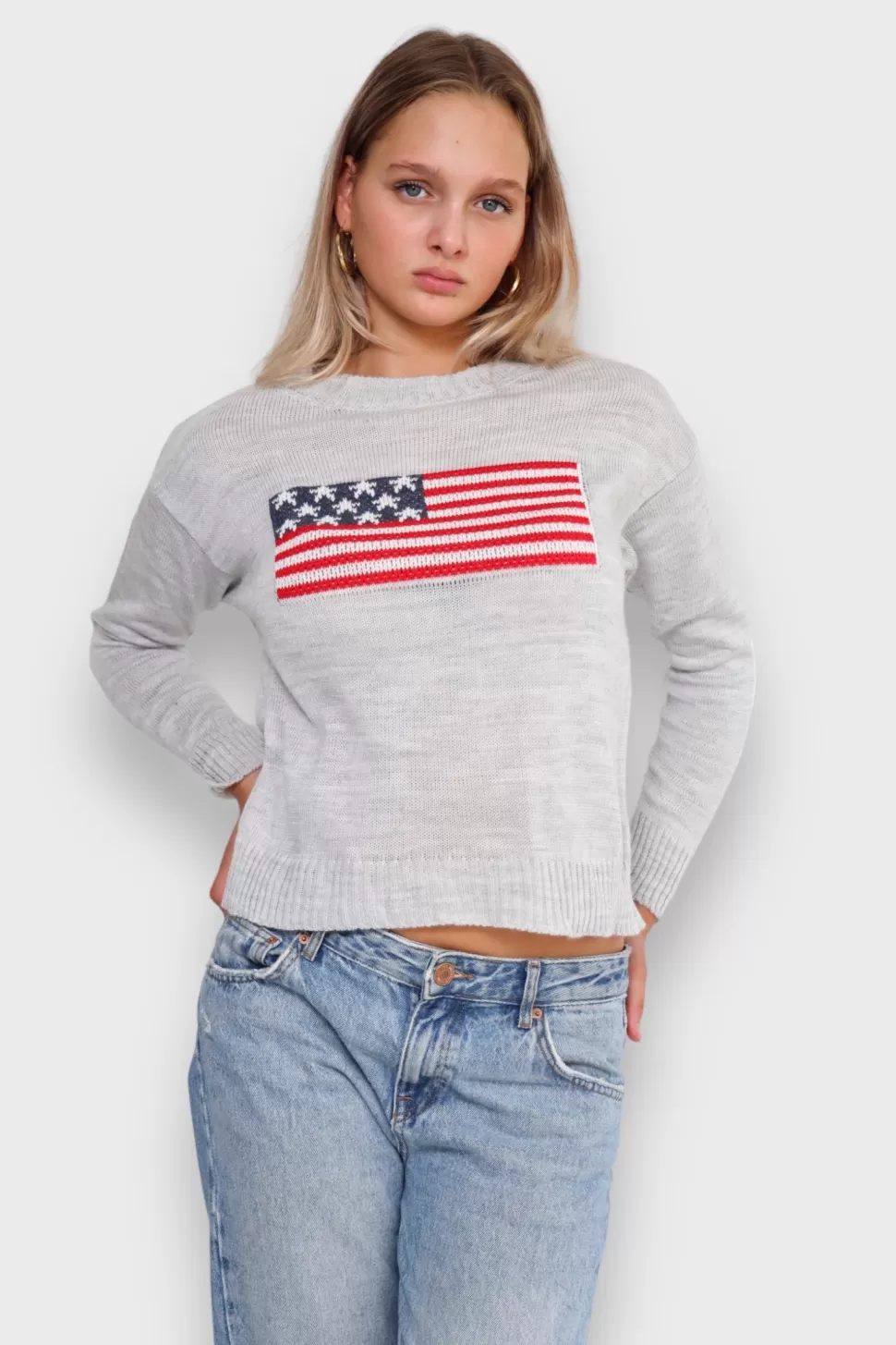 Tops^Meet Me There Flag Sweater Grey