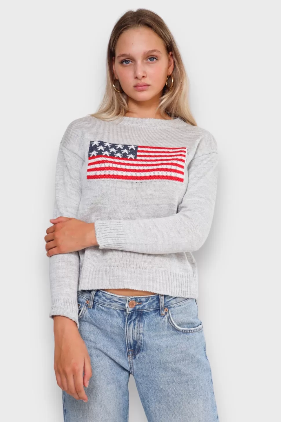 Tops^Meet Me There Flag Sweater Grey