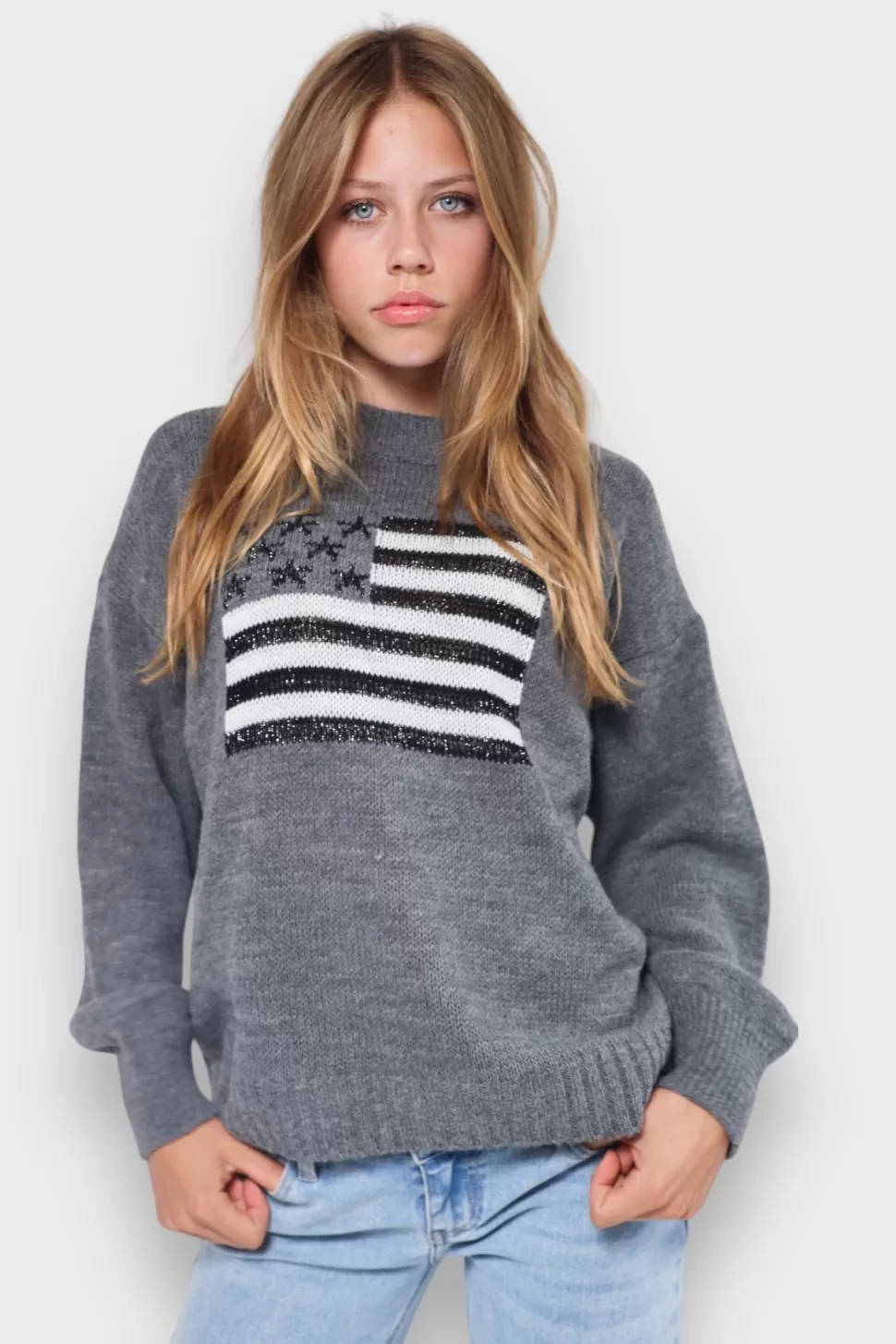 Tops^Meet Me There Glitter Flag Sweater Grey