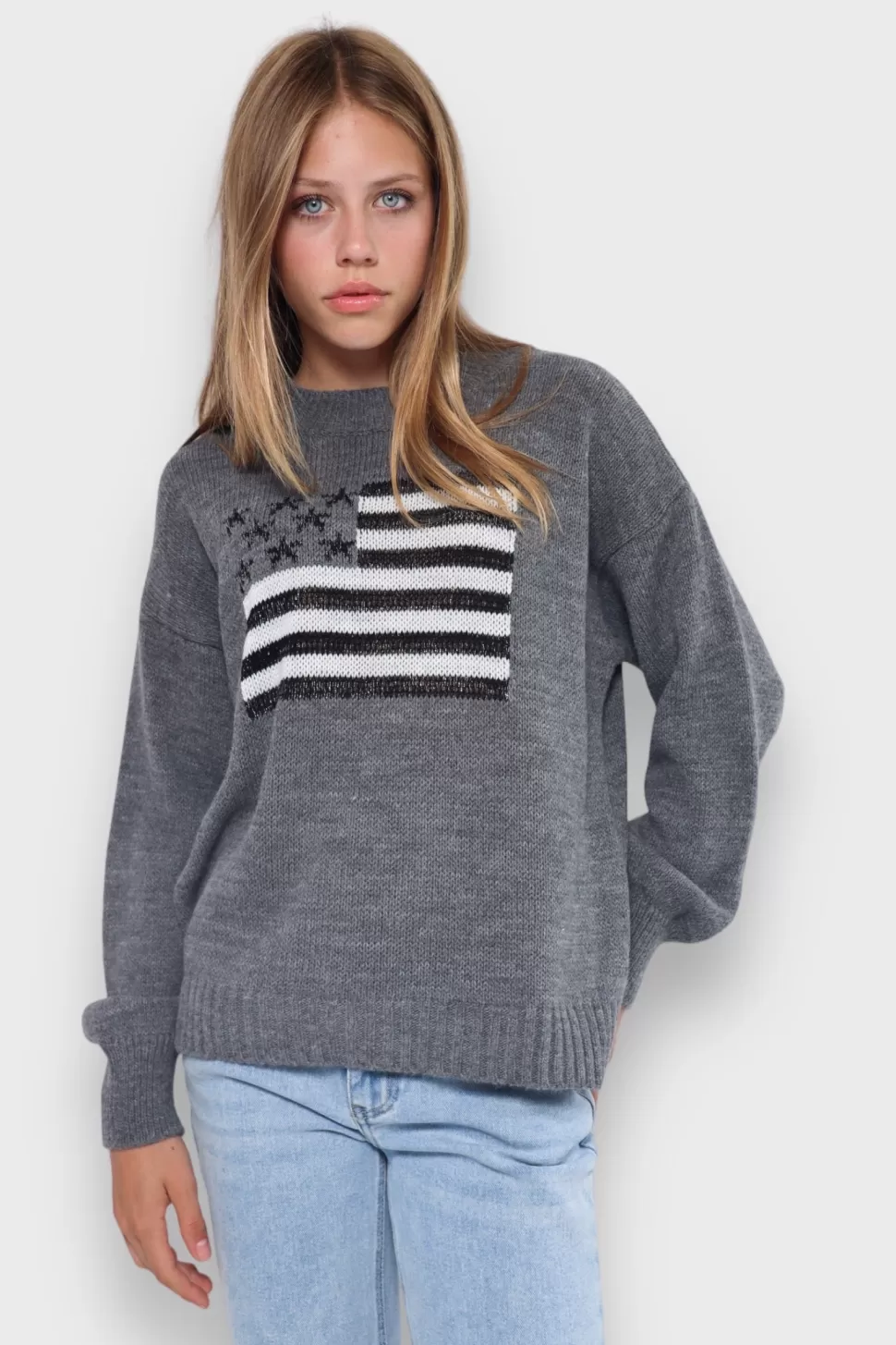 Tops^Meet Me There Glitter Flag Sweater Grey