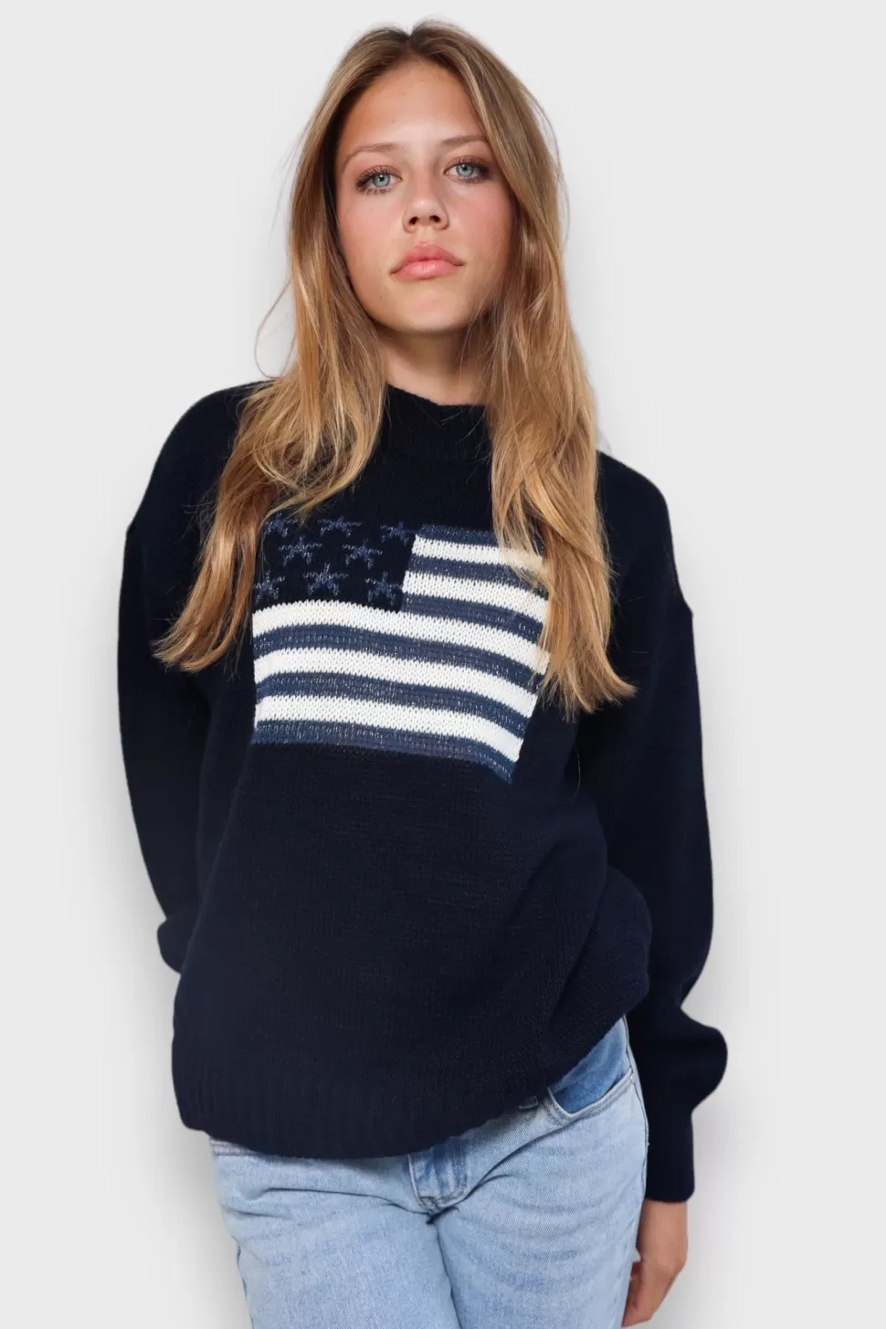 Tops^Meet Me There Glitter Flag Sweater Navy