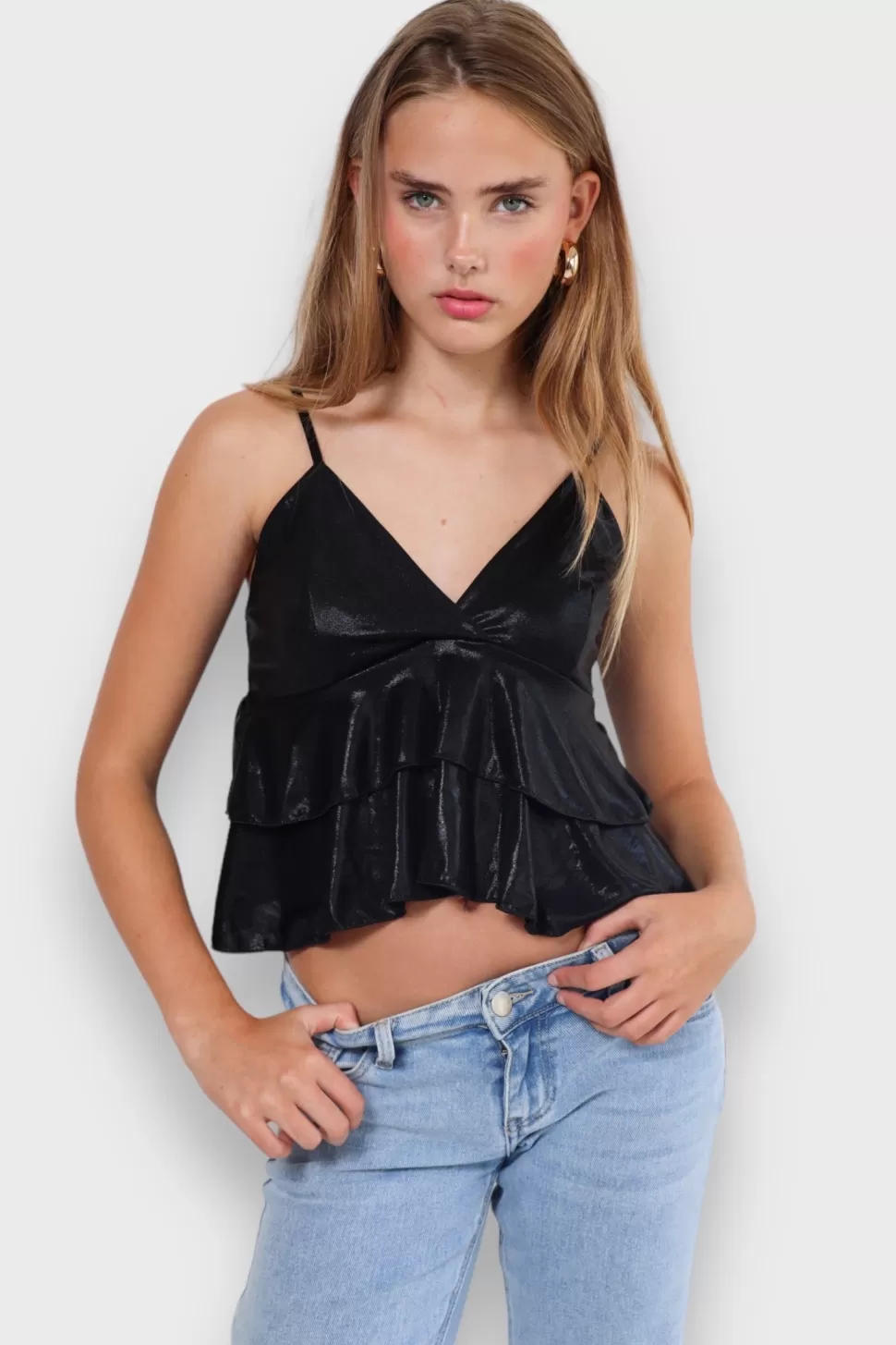 Tops^Meet Me There Metallic Top Black