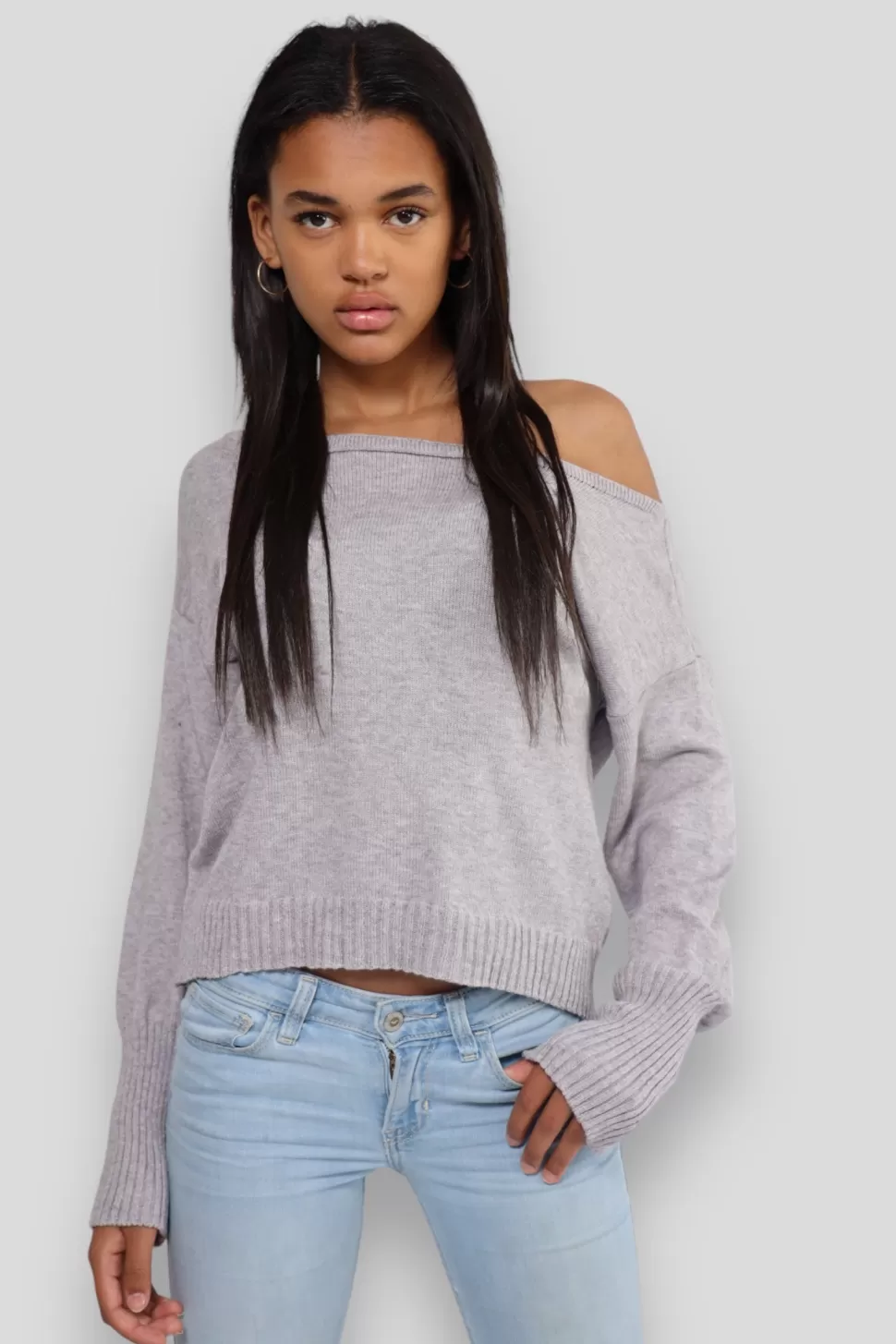 Tops^Meet Me There One Shoulder Sweater Grey