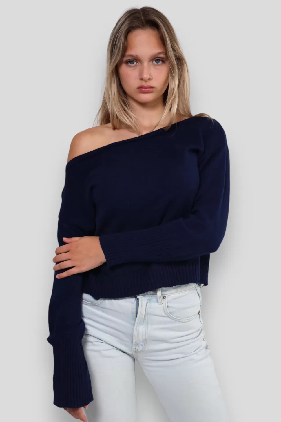 Tops^Meet Me There One Shoulder Sweater Navy