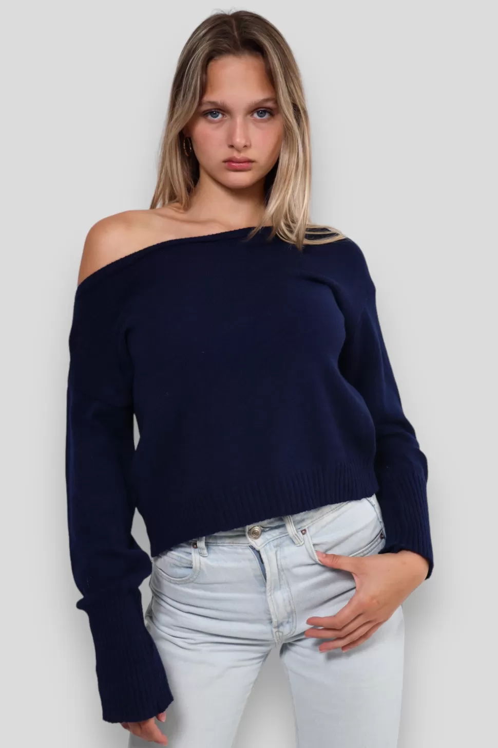 Tops^Meet Me There One Shoulder Sweater Navy