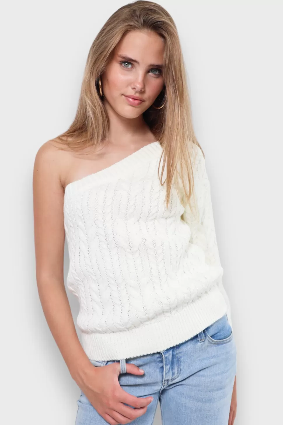 Tops^Meet Me There One Sleeve Sweater White