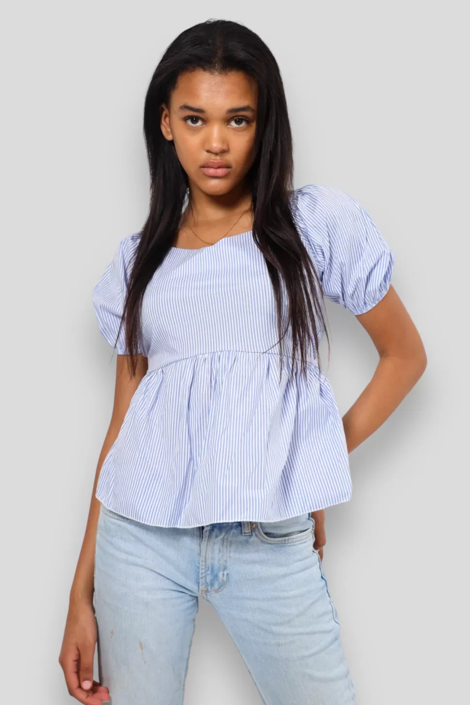 Tops^Meet Me There Peplum Striped Blouse