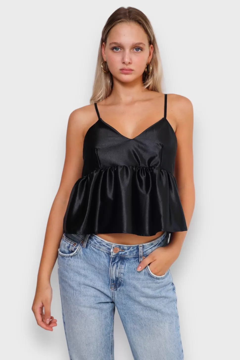 Tops^Meet Me There Silk Peplum Top Black