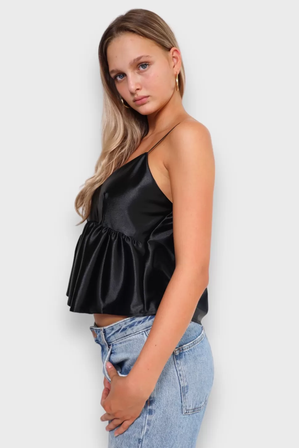 Tops^Meet Me There Silk Peplum Top Black