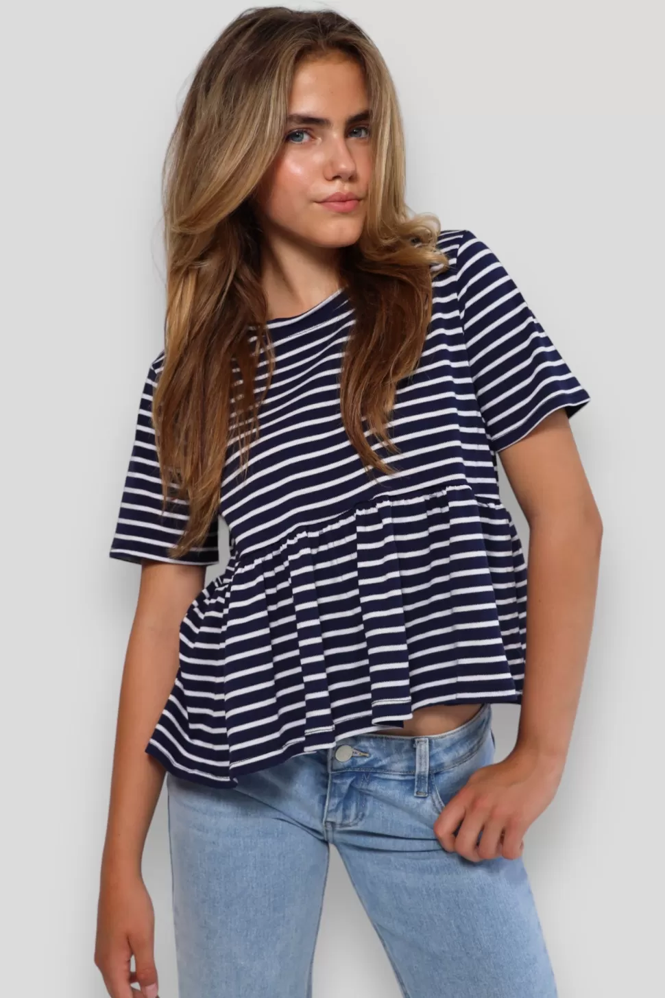 Tops^Meet Me There Striped Peplum Top Navy