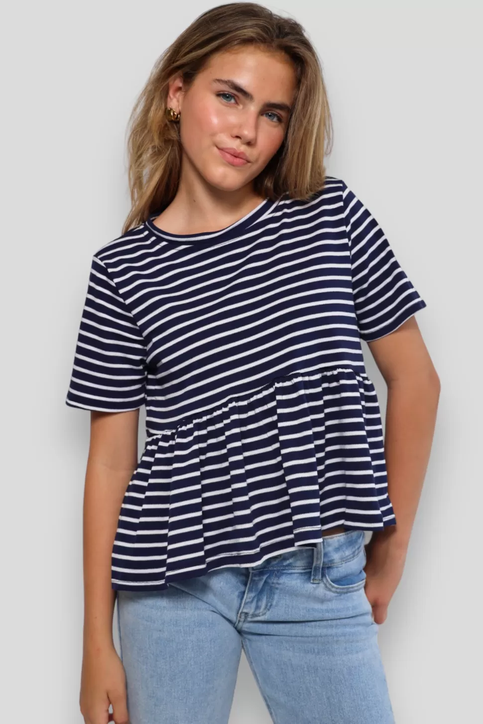 Tops^Meet Me There Striped Peplum Top Navy