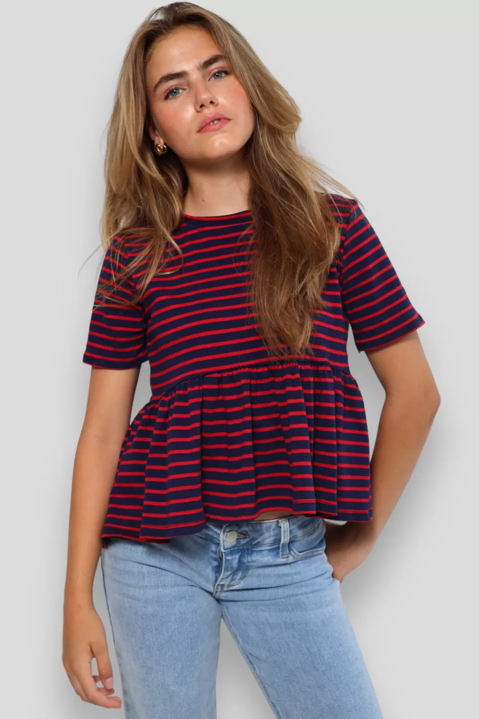 Tops^Meet Me There Striped Peplum Top Red