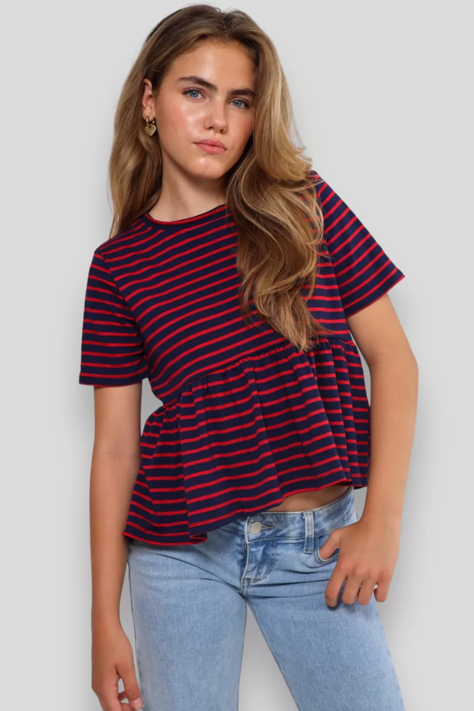 Tops^Meet Me There Striped Peplum Top Red